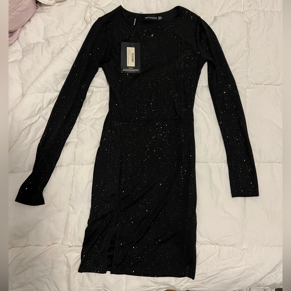 NWT! PRETTY LITTLE THING - black glitter split leg body con dress, size 4